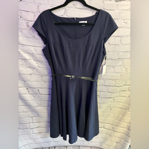 Calvin Klein Dresses & Skirts - Calvin Klein Blue Paneled Cap Sleeve A-Line Knee Length Belted Dress NWT Size 12